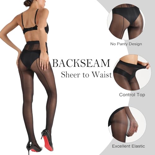 HONENNA Backseam Sheer Tights for Women T Crotch Cuban Heel Black Pantyhose 20D Control Top Stockings2