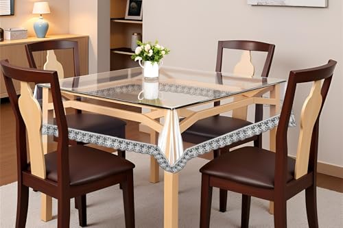 Image of The Furnishing Tree Square Shaped 4 Seater Transparent Table Cover Size 54x54 inches 0.25 mm Thickness with Silver Lace