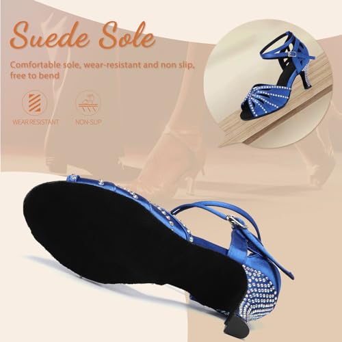 YKXLM Latin Ballroom Dance Shoes Women Rhinestone Salsa Dance Shoes 3 Inch Heel Suede Sole4