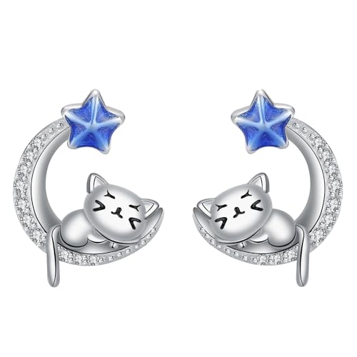 Hifeeled Pendientes Gato Plata de Ley 925 Pendientes Luna y Estrellas Para Mujeres Niñas Amante de Los Animales Regalos Cumpleaños Día de San Valentín Originales