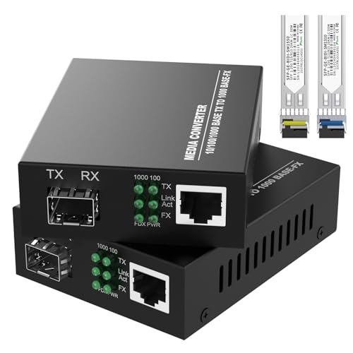 FTTPVIPS A Pair of 1.25G/s Bidi Gigabit Single-Mode Fiber Ethernet Media Converter with 2PCS Bidi SFP LC Transceiver Module Included, 10/100/1000Base-Tx to 1000Base-SX SMF RJ45 to SFP Slot up to 30KM