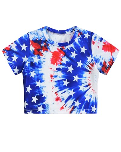 Image of DDSOL Girls July 4th Crop Tops Patriotic Shirt American Flag Short Sleeve Tshirts for Girl 6-14 Years