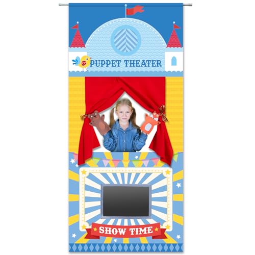 gisgfim Doorway Puppet Theater with 2 Adjustable Rods 31x67 In Blue Red Foldable Hanging Puppet Show Theater for Kids Pretend Play Hand Puppets Educational Kids Activities Toys Easy to Set Up Put Away