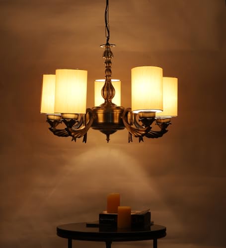 Image of Devansh 05-Light Conical Off-White Cotton Shade Chandelier - Antique Golden Finish | Adjustable Cord | Warm Glow Lamp - Ceiling Light for Living Room, Dining Area, Bedroom & Entryway Decor - D10