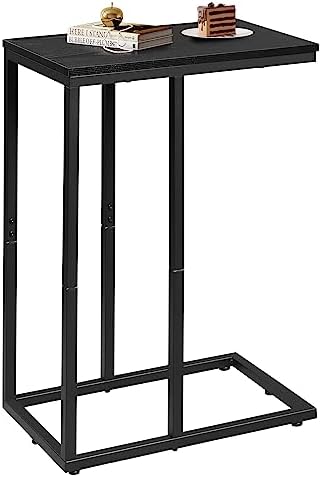 WLIVE Side Table, C Shaped End Table for Sofa and Bed, TV Tray Table with Metal Frame，Solid Wood for Couch, Living Room, Bedroom, Relief Black