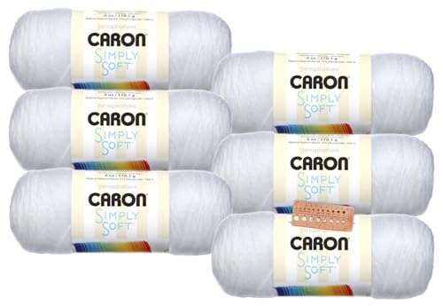 Caron Simply Soft Yarn - 6 Pack Bundle with Needle Gauge (White)