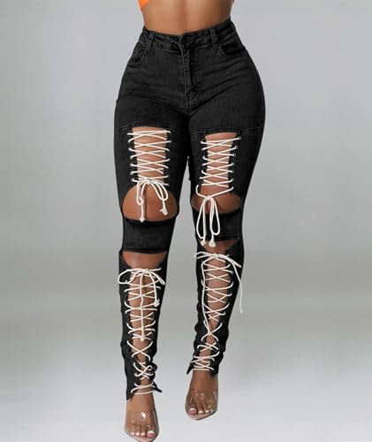 xxxiticat Women's Lace Up Denim Pants High Waist Cutout Bandage Criss Cross Bow Tie Destroyed Hollow Out Jean Trousers2