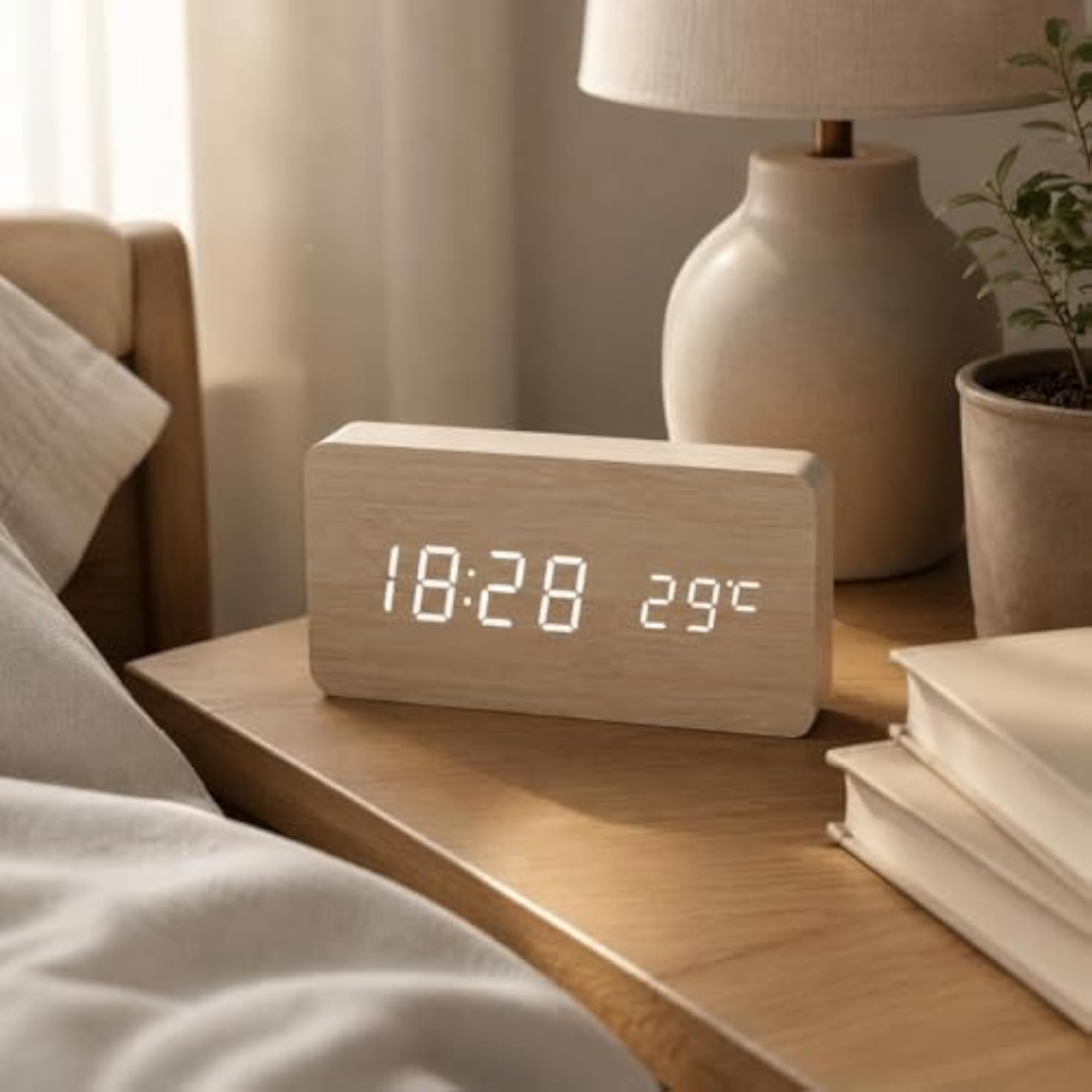 Multifunction Wooden Digital Alarm Timepiece, Bamboo Finish
