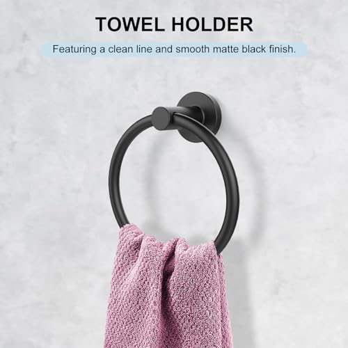 Image of SetSail Towel Holder for Bathroom Wall Matte Black Stainless Steel Bathroom Accessories Set Includes Towel Ring and Toilet Paper Holder, Drill Hole