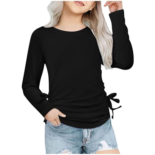 Girls Long Sleeve Shirt Crew Neck Soft Cute Ruched Tops Plain Summer Casual School Stretchy Tshirts Clothes for Kids