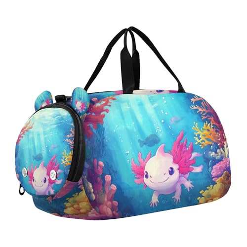 Underwater Cute Pink Axolotl Sports Duffle Bag for Teens Girls Boys, Gym Bag with Shoe Compartment, Kids Travel Overnight Weekender Shoulder Bag