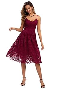 Atnlewhi Damen Vintage ärmellosen V-Ausschnitt A-Linie Kleid Blumen Knielang Spitzenkleid Brautjungfer Elegante Cocktailkleider - Rotwein - L