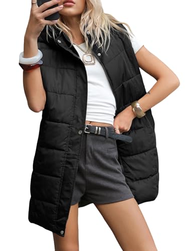 Gihuo Women's Long Puffer Vest Winter Warm Quilted Hooded Zip Up Sleeveless Jacket Vest Gilet (Large, Black)