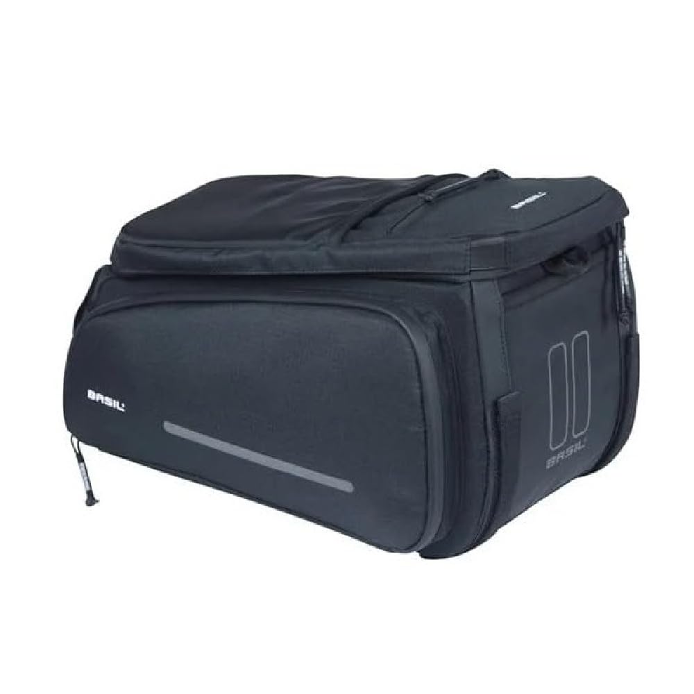 Basil Move torba na bagażnik – 10-26 l, czarna, wodoodporna, z poliestru pochodzącego z recyklingu, kompatybilna z płytami adapterowymi MIK i Racktime, idealna do dojazdów do pracy i zakupów