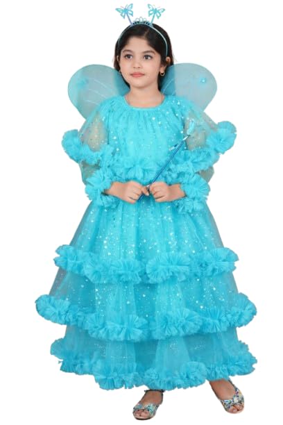 Image of Girls Glitter Tulle Tiered Gown with Butterfly Wings, Ruffle Detail, Fairy Costume Dress