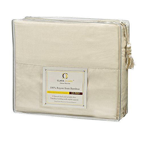 image for Clara Clark Bamboo Bed Sheet Set, Cream, Queen Size, 100% Rayon Made f