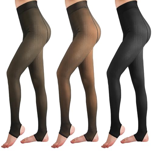 Image of Eurzom 3 Pairs Fleece Lined Stirrup Tights Women Fake Translucent Thermal Elastic Skin Colored Tights Warm Pantyhose