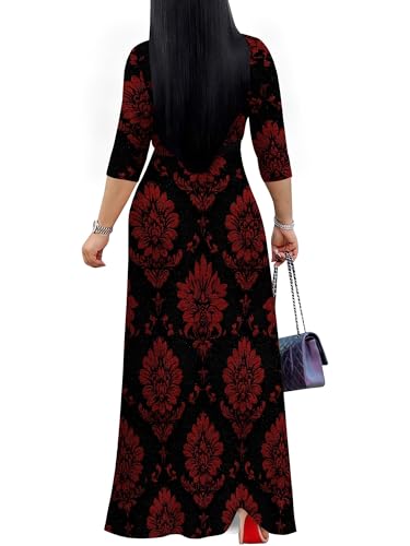 Image of Women's V Neck Floral Maxi Dress 3 /4 Sleeve Plus Size Boho Wrap Flowy Long Dresses with Belt