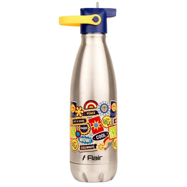 FLAIR Cola Crush 500 ml Stainless Steel Insulated Water Bottle with Sipper Cap | BPA-Free Bottle with Straw for Kids & Adults | Perfect for Travel, Gym & Sports (COOL DUDE)