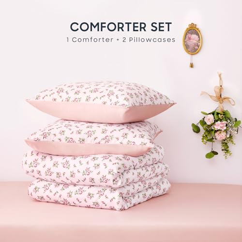 Image of Wake In Cloud - Twin /Twin XL Comforter Set, 3-Piece, Floral Shabby Chic Coquette Cottagecore Flower Light Blush Pink Green, Soft Lightweight College Dorm Bedding for Women Teen Kids Girls