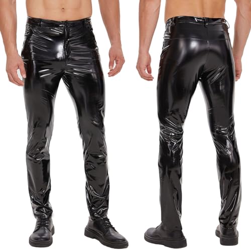 xokesy Herren Glänzende Lederhose, Sexy Hosenschritt mit Reißverschluss, Wetlook PU-Leder, gerade Lässige Lederhose für Herren für Kostüm Cosplay Nachtclub Schwarz