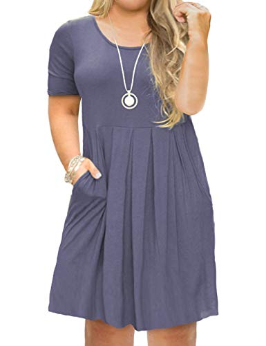 FOLUNSI Women's Plus Size Short Sleeve Pleated Loose Swing Casual Dress with Pockets Knee Length Purple Gray 3XL