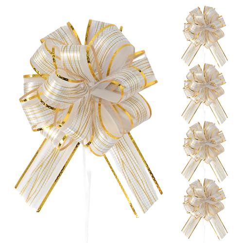 Daxiangsheng 5 Pcs Large Pull Bows Wrapping Pull Bow Ribbon Gold Bows for Gift Wrapping Organza Bows White for Wedding Baskets Presents Christmas Party Valentines Birthday Gift