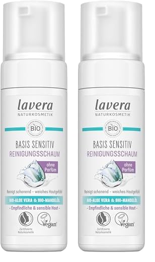 lavera basis sensitiv Reinigungsschaum - Naturkosmetik - vegan - Bio-Aloe Vera und Bio-Mandelöl - Gesichtsreinigung - Natürliche Reinigungsformel - 1 x 150 ml (Packung mit 2)