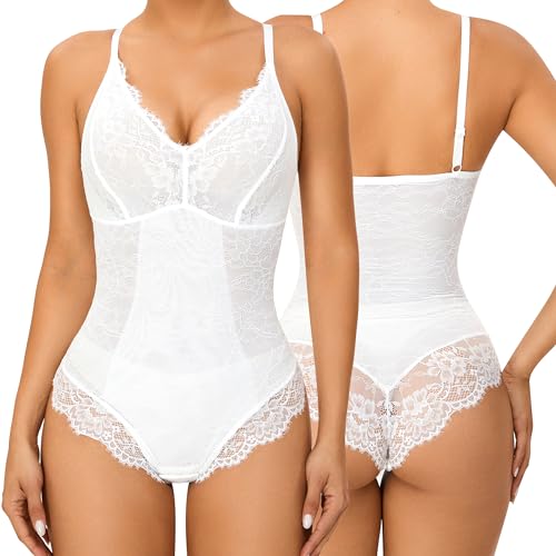 FXTYK Damen Spitze Shapewear Bauchweg Formende Body Tummy Control Ärmellos Top Bodysuit V-Ausschnitt rückenfrei UnterwäSche