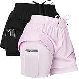 Ultra Performance Gym Shorts Women Pack of 2, Nylon Compression Workout Shorts Women with Liner, Small Black, Lilac