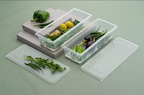 Image of Fridge Organizer Boxes Set of 6, With Drain Plate 1500ML Refrigerator Storage Containers with Blue Lids & Stackable Design for Fruits, Vegetables & Kitchen Use