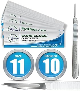 Surgical Scalpel Surgical Blades # 11 Carbon Steel Non Sterile Pack of 10 and Handle No 3 Perfect for wood art, Surgical, Sculpting, Repairs, Lab Anatomy, Sign, Card Making Lab Training SURGIBL11-10