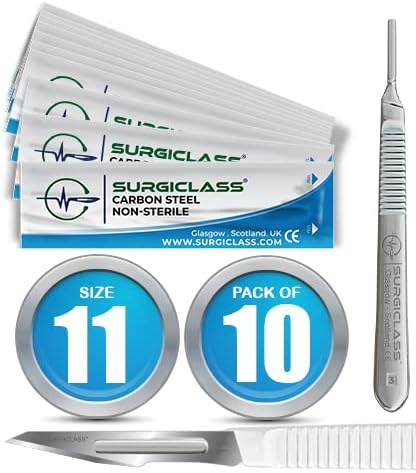 Surgical Scalpel Surgical Blades # 11 Carbon Steel Non Sterile Pack of 10 and Handle No 3 Perfect for wood art, Surgical, Sculpting, Repairs, Lab Anatomy, Sign, Card Making Lab Training SURGIBL11-10