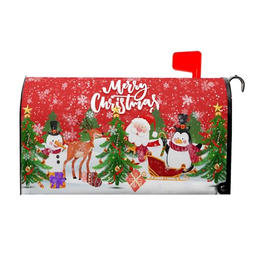 Image of Merry Christmas Mailbox Cover, Magnetic Standard Size 25.5x21 Inch, Xmas Trees Santa Claus Snowman Reindeer Penguin Mailbox Wrap Post Cover for Garden Yard Outdoor Home Hew Year Decor