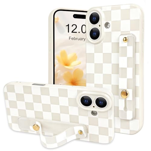 NITITOP for iPhone 17 Case with Strap Plaid - White | With wrist kickstand, Cute trendy checkerboard pattern, For woman girl, Soft TPU and silicone, Precision camera cutouts