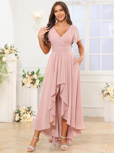 VCCICANY Short Sleeve Bridesmaid Dresses for Women Chiffon Ruffle High Low V Neck Formal Gown with Pockets4