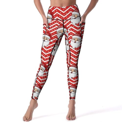 AMRANDOM Womens High Waisted Exercise Leggings Merry Christmas Santa Claus Soft Tummy Control Pants with Pockets for Training & Gym