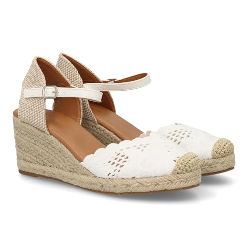 100116 Alpargata de mujer con cuna de esparto y pala bordada con acabado artesanal para mujer, Cierre de hebilla ajustable, diseno calado en la punta, ideal primavera verano. Blanco Talla 40