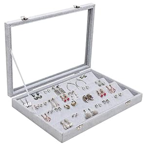 Belle Vous Grijs Velours Sieraden Organiser Display Doos Tray, 40 Gleuven & Glazen Deksel – 4 Laags Oorbel Vertoon…