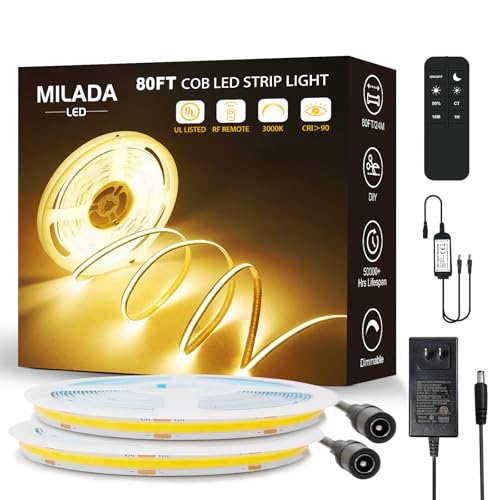 Image of 80FT /24M COB LED Strip Light 3000K Warm White High Lumen Dimmable Strip Paired with RF Remote 24V Ul Certified Adapter Suitable for Bedroom Cabinets