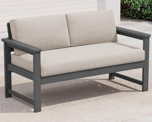 Image of SERWALL Gray HDPE Outdoor Loveseat with Khaki Cushions, All Weather Use Outdoor Loveseat Sofa, Gray Frame with Khaki Cushions