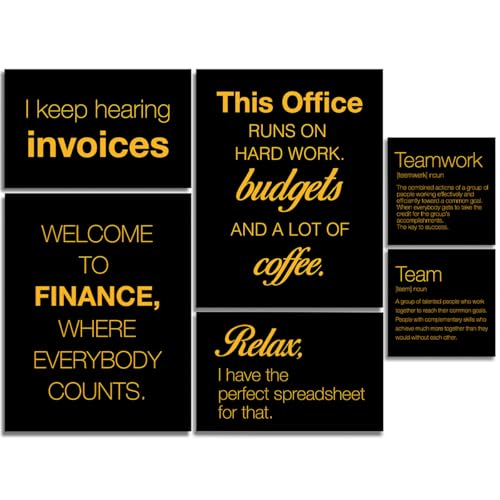 YEOION Inspirational Office Canvas Wall Art,Teamwork Motivational Wall Art for Office,Yellow and Black Finance Wall Decor Set of 6