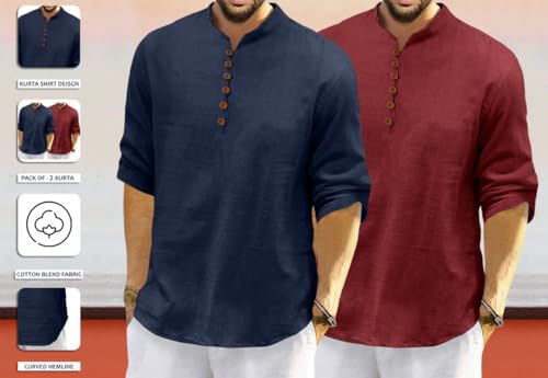 Image of ROYALSCOUT Men's Cotton Polyester Blend Solid Regular Fit Full Sleeve Short Kurta | Ethnic, Lightweight Summer Kurta for Daily & Occasion Use