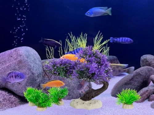 Image of Fish Tank Decorations 5.5 Inch Artificial Plastic Plants Bonsai Tree Purple