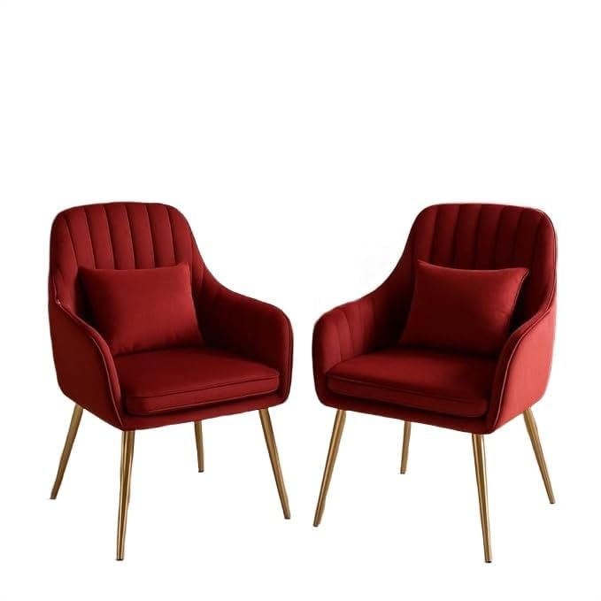 Image of Toxigo Velvet Office and Garden Area Outdoor Chairs | Cushion Seat Chair with Pillows for Modern Contemporary Upholstered with Polished Rosegold Metal Designer Piece | Set of 2 (Red)
