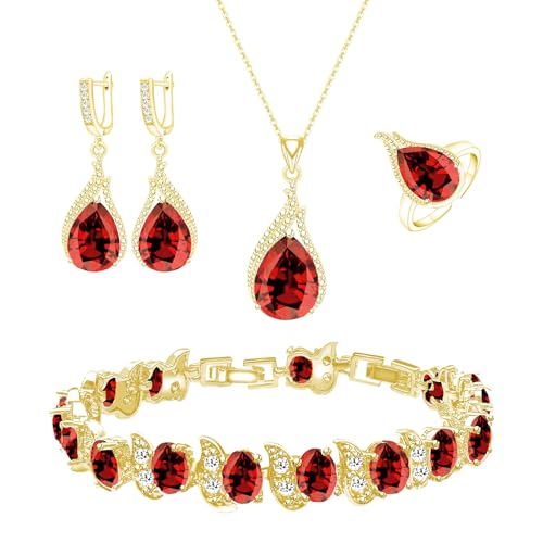 GZWHD Golden Red Created-Garnet Jewelry Sets for Women