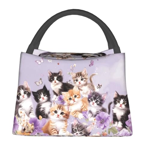 cromcu Cute Cat Floral Reusable Lunch Box, Kitten Flower Lunchbox for Girls Women, Insulated Lunchbag, 11in*6.3in*6.7in, Gifts Makeup Bag, Butterfly Portable Handbag for Picnic Travel Beach or Hiking