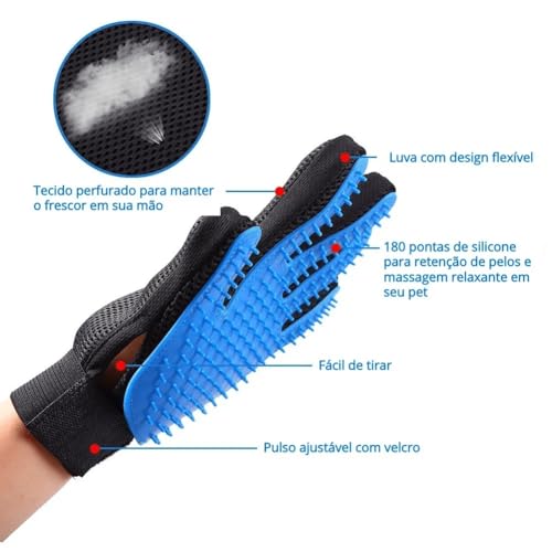 Luva de Escovação para Pets, Removedor de Pelos com 180 Pontas de Silicone, Design Flexível, Ajustáv