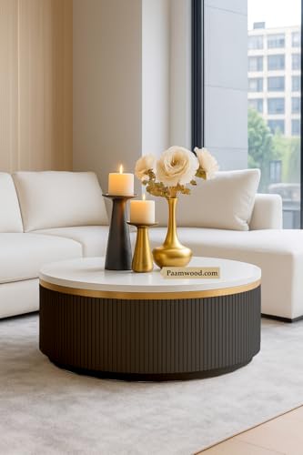 Image of Modern Round Centre Table - 76x76x46 cm | White Marble Top with Gold Accent Strip & Charcoal Louvers | Luxury Coffee & Tea Table for Living Room, Lounge & Entryway (Black)