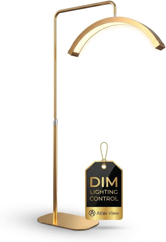 Plain Gold Eyelash LED Moon Light - Dimmable Lamp for Estheticians, PMU & Nail Techs - Led Floor Lamp Adjustable Height, Touch Control (Plain Gold, no Diamond) (Plain Gold No Diamond)